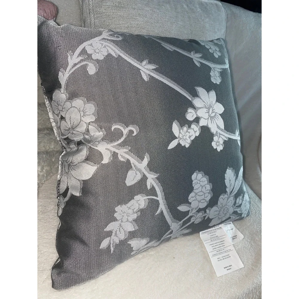Grey White Floral Jacquard Square Decorative Throw Pillow 18x18 Accent